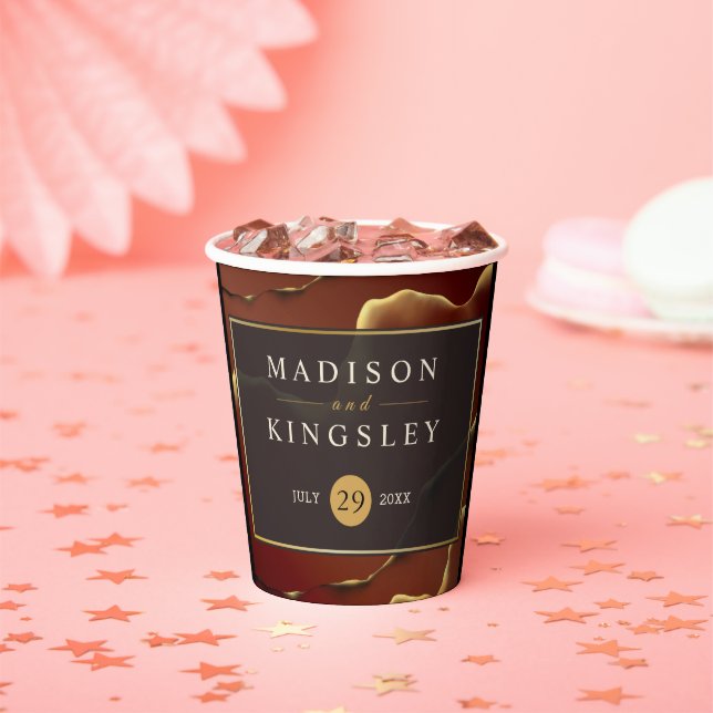 🤵 Burgundy Gold Elegant Inky Abstract Wedding   Paper Cups (Insitu)