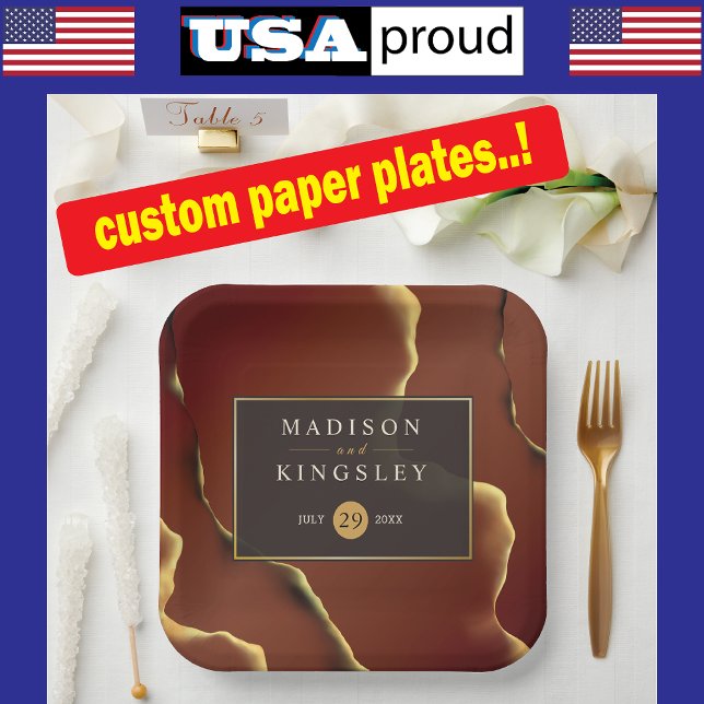 🤵 Burgundy Gold Elegant Inky Abstract Wedding   Paper Plates (Creator Uploaded)