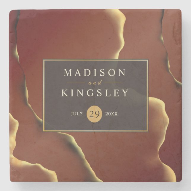 🤵 Burgundy Gold Elegant Inky Abstract Wedding   Stone Coaster (Front)