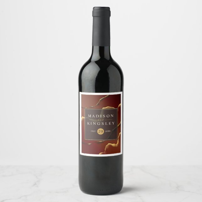 🤵 Burgundy Gold Elegant Inky Abstract Wedding   Wine Label (Front)