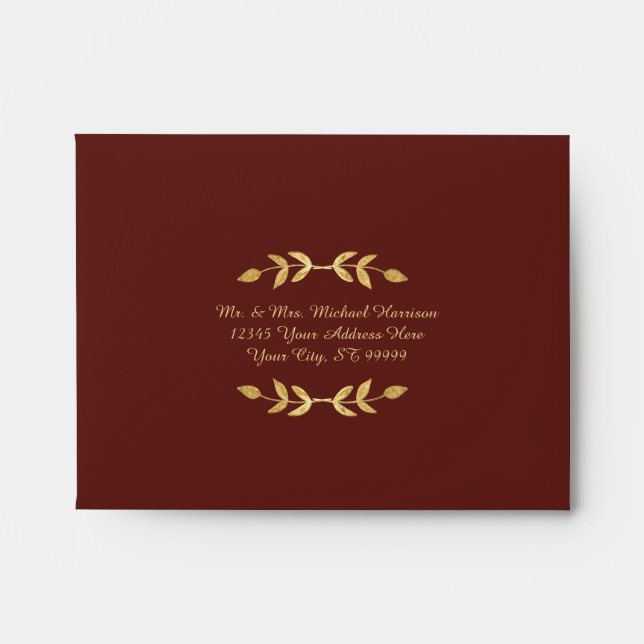 Burgundy Gold Elegant Leaf Wreath Wedding RSVP Envelope (Front)