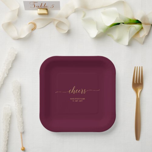 Burgundy  Gold Elegant  Lettering Cheers Party Paper Plates