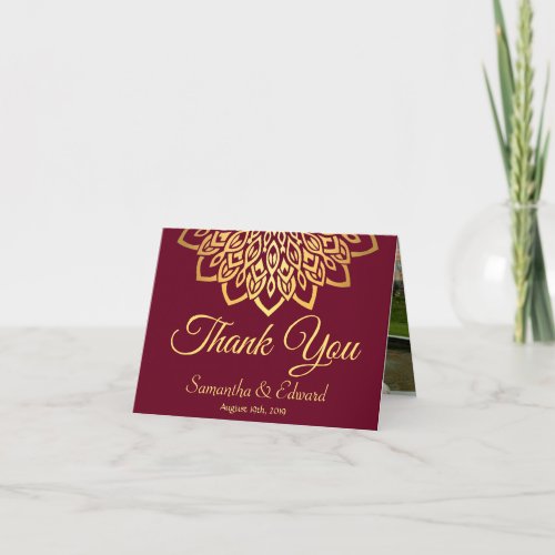 Burgundy Gold Elegant Photo Wedding Thank You Card