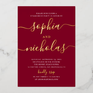 Burgundy Gold Elegant Script Engagement Party Foil Invitation
