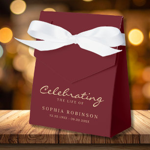 Burgundy Gold Elegant Script Funeral Memorial Favor Boxes