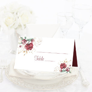 Burgundy Gold Elegant Watercolor Floral Place Card