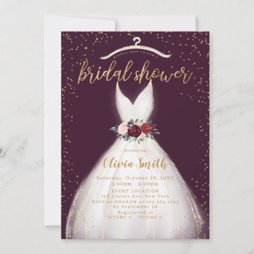 Burgundy Gold Elegant Wedding Dress Bridal Shower Invitation