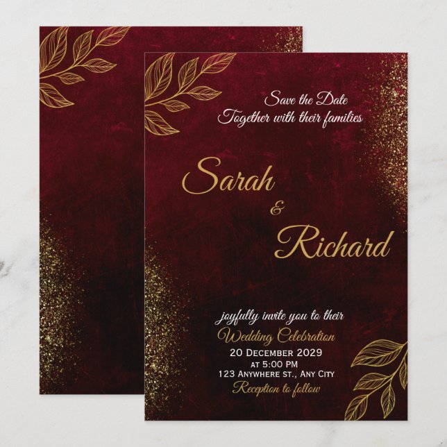 Burgundy Gold Elegant Wedding Invitation (Front/Back)
