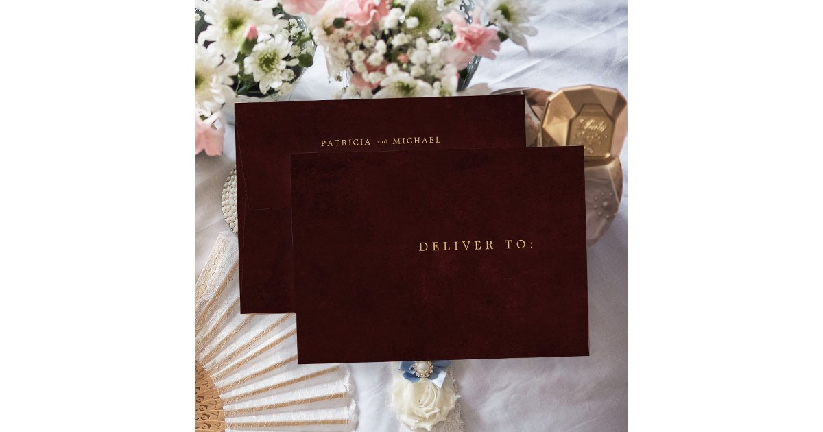 Burgundy gold elegant wedding return address envelope | Zazzle