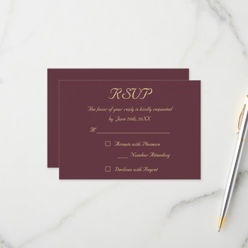 Burgundy Gold Elegant Wedding RSVP Invitation Card