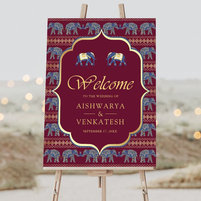 Burgundy Gold Elephant Indian Wedding Welcome Sign (Creator Uploaded)
