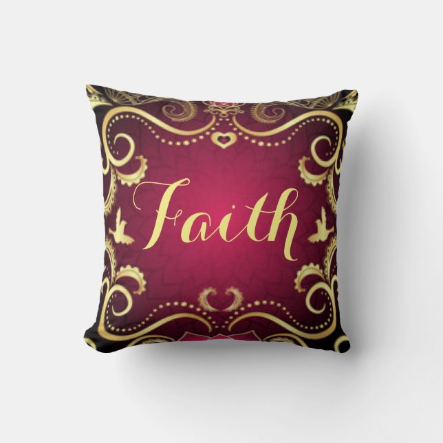Burgundy Gold Faith Pattern Print Design Throw Pillow (Front)
