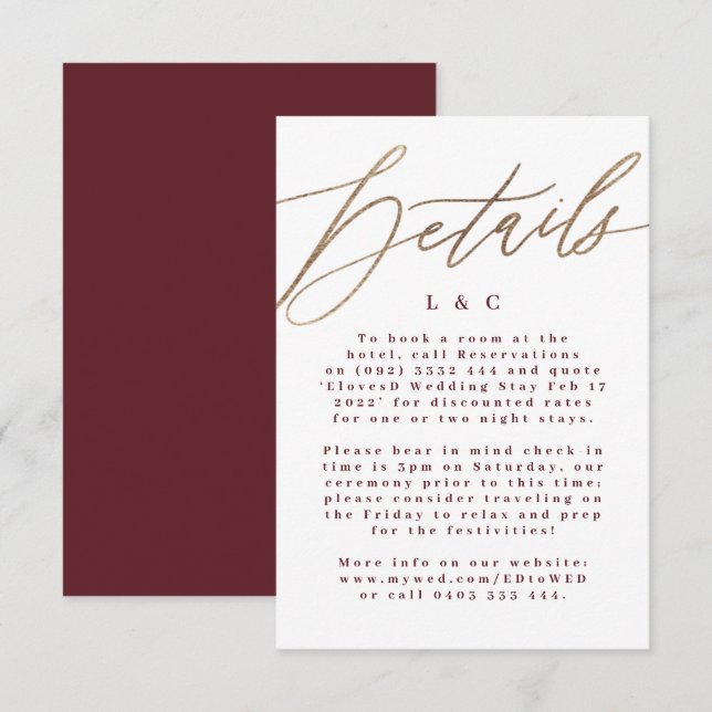 Burgundy & Gold Fall Calligraphy Wedding Details Enclosure Card (Front/Back)