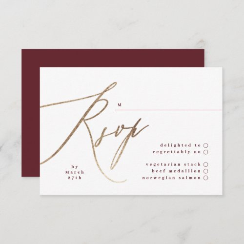Burgundy  Gold Fall Calligraphy Wedding RSVP Card