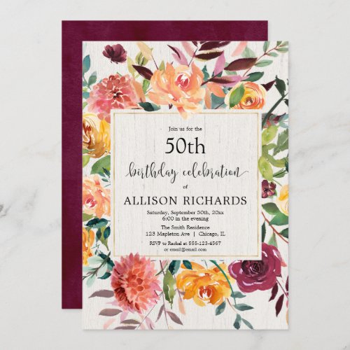 Burgundy gold fall floral adult birthday party invitation