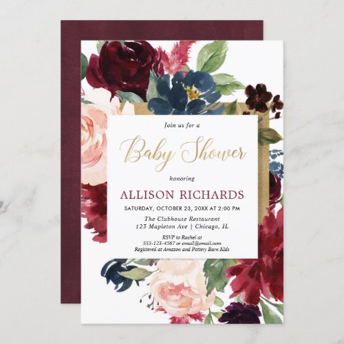 Burgundy gold fall floral watercolor baby shower invitation