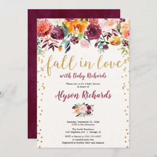 Burgundy gold fall in love floral baby shower invitation