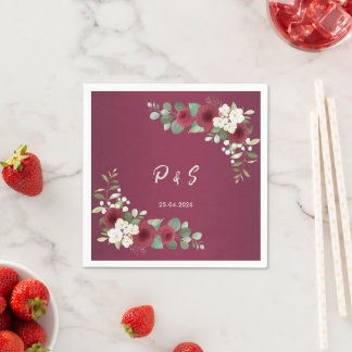 Burgundy Gold Fall Winter Garden Wedding Cocktail  Napkins