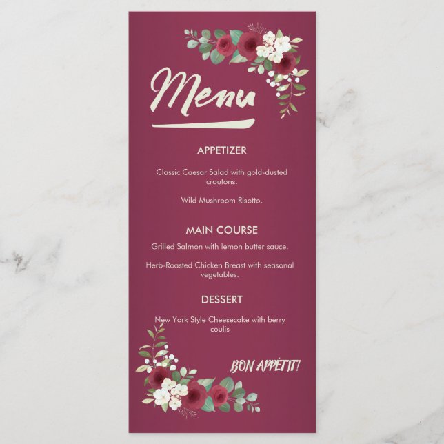 Burgundy Gold Fall Winter Garden Wedding Dinner Menu (Front)