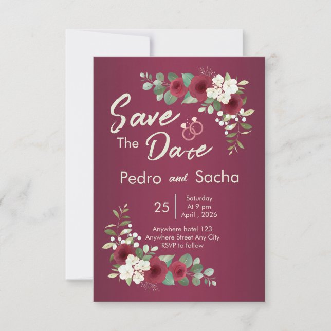 Burgundy Gold Fall Winter Garden Wedding Save the  Date (Front)