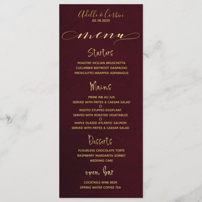 Burgundy & Gold Fancy Cursive Calligraphy Menu (Front)