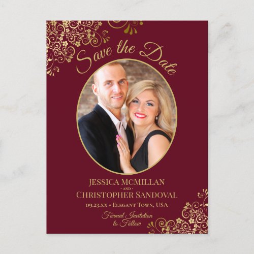 Burgundy  Gold Fancy Wedding Save the Date Photo Announcement Postcard