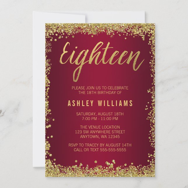 Burgundy Gold Faux Glitter 18th Birthday Invitation (Front)