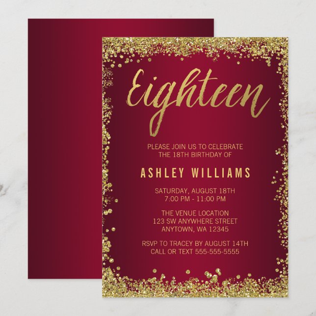 Burgundy Gold Faux Glitter 18th Birthday Invitation (Front/Back)