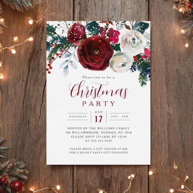 Burgundy Gold Festive Foliage Christmas Party  Foil Invitation (Creator Uploaded)