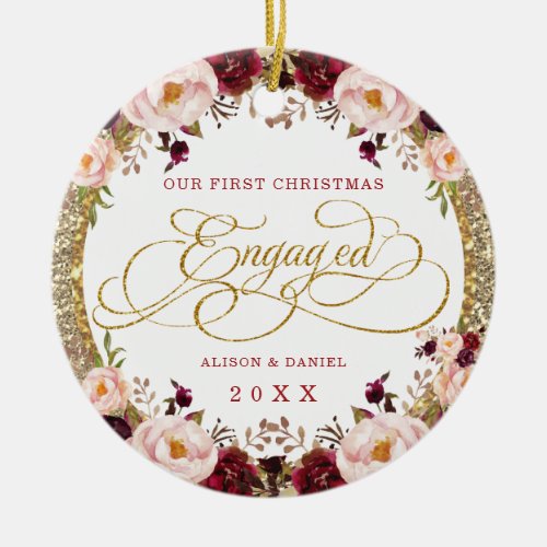 Burgundy Gold First Christmas Engaged Pre Wedding Ceramic Ornament