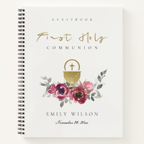 BURGUNDY GOLD FLORA FIRST HOLY COMMUNION GUESTBOOK NOTEBOOK