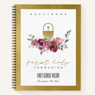 BURGUNDY GOLD FLORA FIRST HOLY COMMUNION GUESTBOOK NOTEBOOK