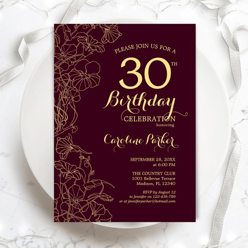 Burgundy Gold Floral 30th Birthday Party Invitation