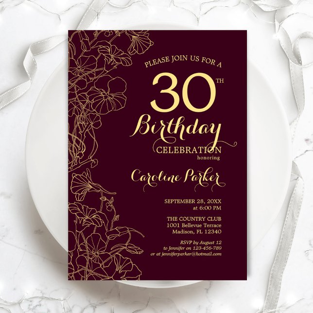 Burgundy Gold Floral 30th Birthday Party Invitation (Creator Uploaded)