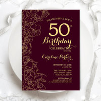Burgundy Gold Floral 50th Birthday Party