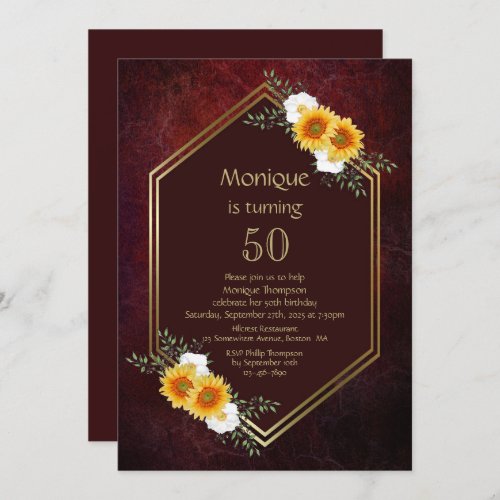 Burgundy Gold Floral 50th Birthday Party Invitation
