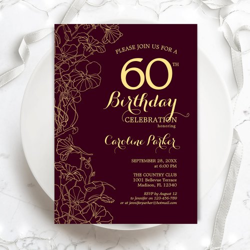 Burgundy Gold Floral 60th Birthday Party Invitation