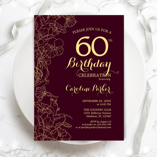 Burgundy Gold Floral 60th Birthday Party Invitation (Creator Uploaded)