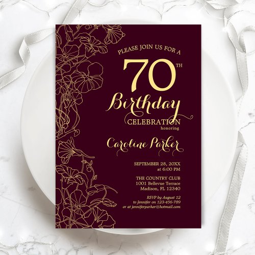 Burgundy Gold Floral 70th Birthday Party Invitation
