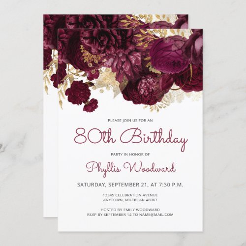 Burgundy Gold Floral 80th Birthday Party Invitation