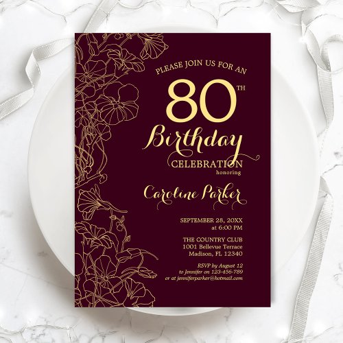 Burgundy Gold Floral 80th Birthday Party Invitation