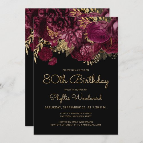 Burgundy Gold Floral 80th Birthday Party Invitation