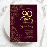 Burgundy Gold Floral 90th Birthday Party Invitation<br><div class="desc">Burgundy Gold Floral 90th Birthday Party Invitation. Minimalist modern maroon design featuring botanical outline drawings accents,  faux gold foil and typography script font. Simple trendy invite card perfect for a stylish female bday celebration. Can be customized to any age. Printed Zazzle invitations or instant download digital printable template.</div>