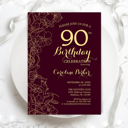 Burgundy Gold Floral 90th Birthday Party Invitation