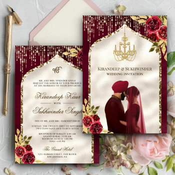Burgundy Gold Floral Anand Karaj Sikh Wedding Invitation by ShabzDesigns at Zazzle