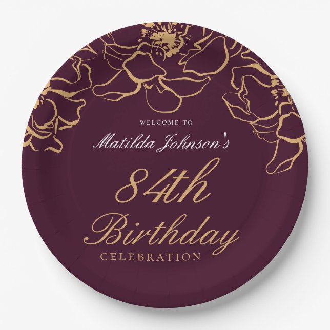 Burgundy Gold Floral Any Age Birthday Party Paper Plates (Front)