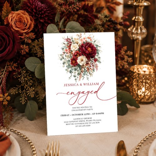 Burgundy Gold Floral Autumn Boho engagement invite