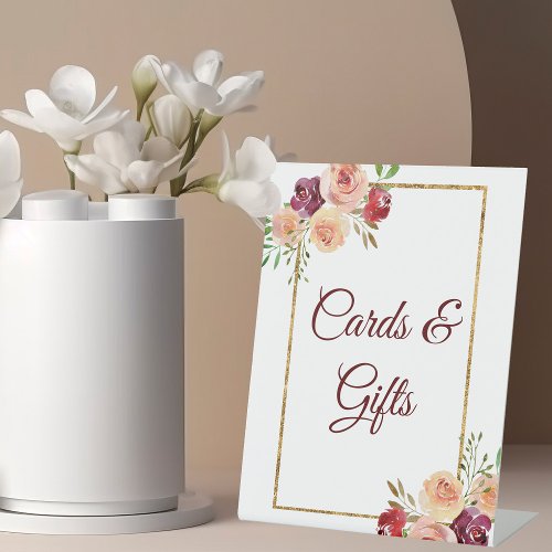 Burgundy Gold Floral Autumn Wedding Cards  Gifts Pedestal Sign