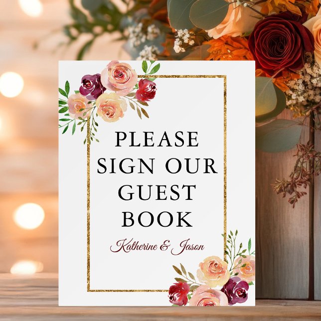 Burgundy Gold Floral Autumn Wedding Guest Book Foam Board (Creator Uploaded)