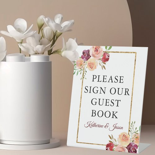 Burgundy Gold Floral Autumn Wedding Guest Book Pedestal Sign